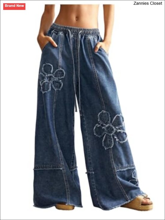 Denim - Womens Y2K Baggy Wide Leg Floral Drawstring Low Rise Denim Jeans Loose Fit